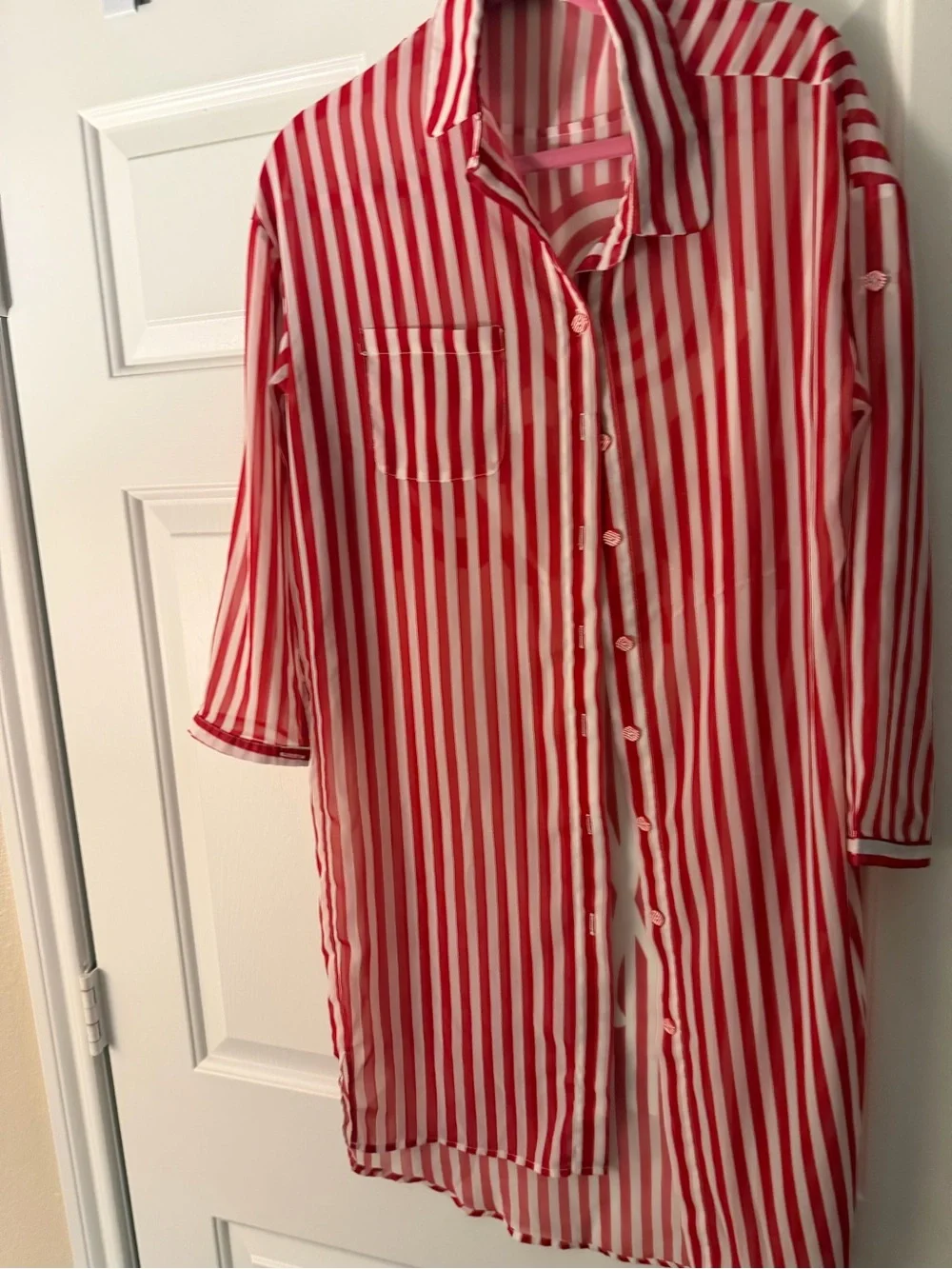 Striped Red & White Button-Front swim cover up